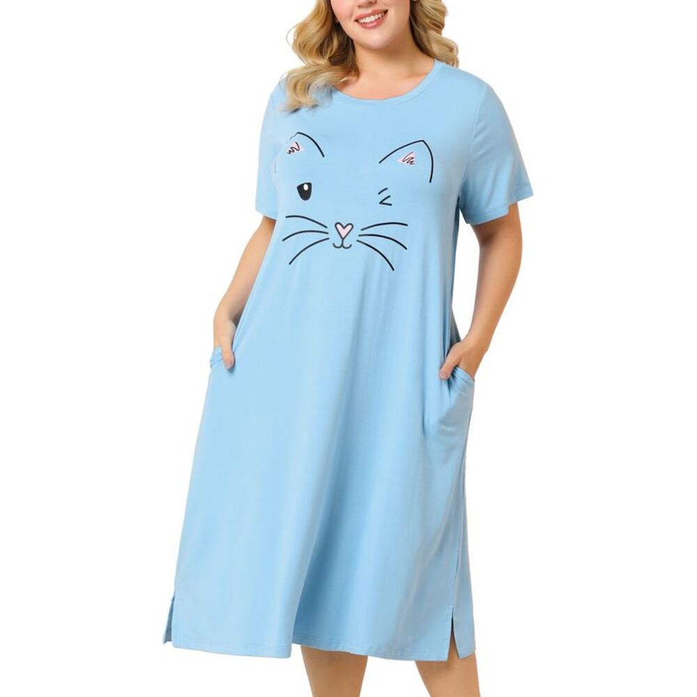 Women's Plus Size Nightgown Pajamas Pockets Cute Cat Sleepwear Light Blue